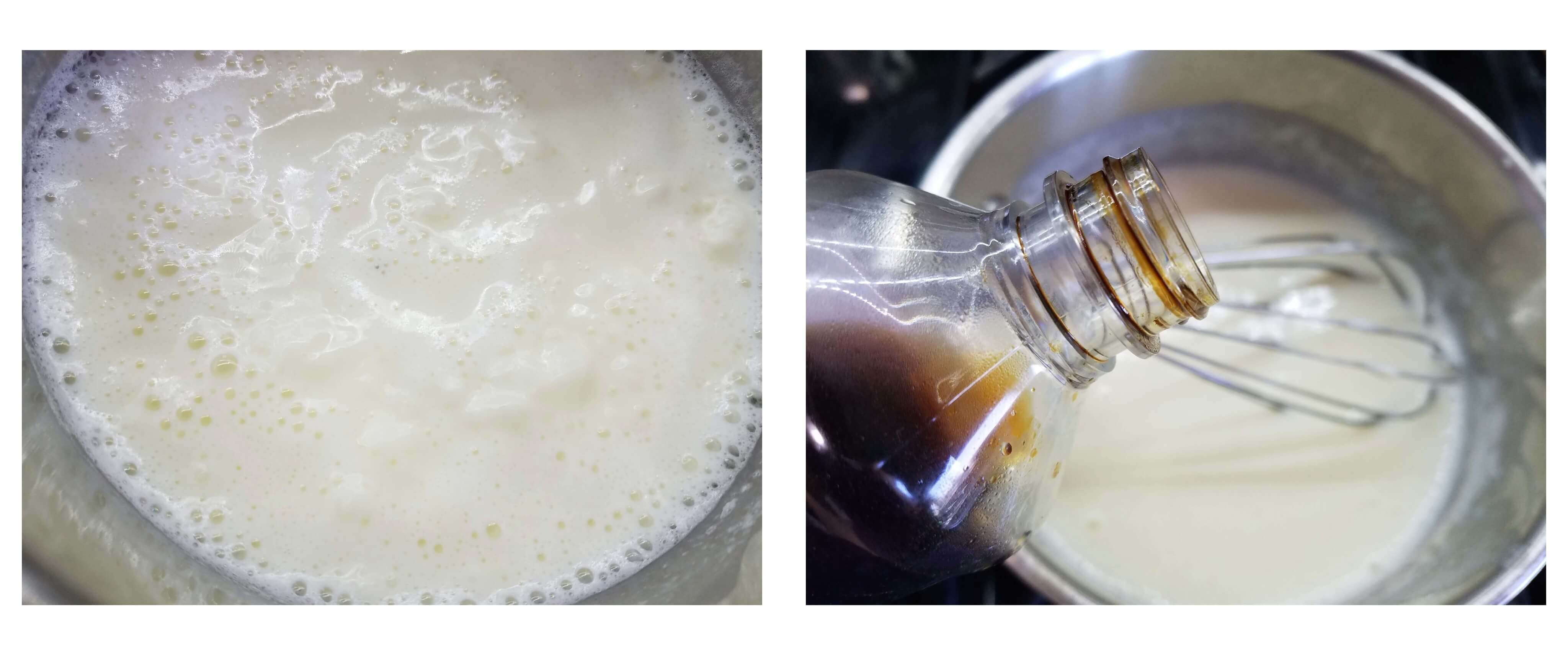 Stirring vanilla extract into freshly cooked Egyptian mahalabia