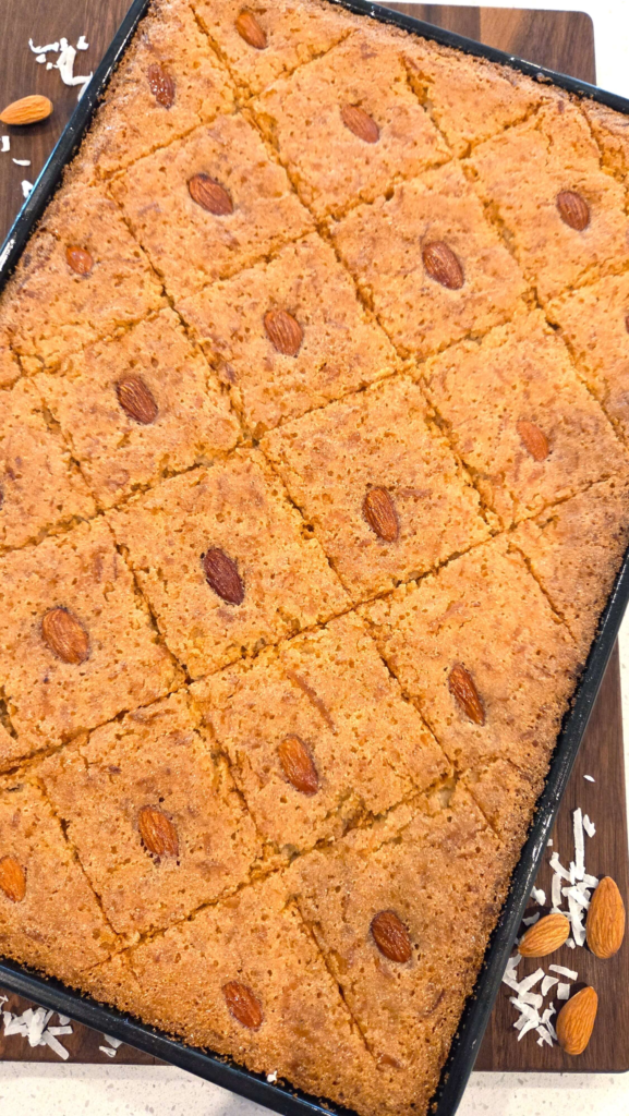 Best vegan basbousa recipe made with semolina, coconut, and sweet syrup.