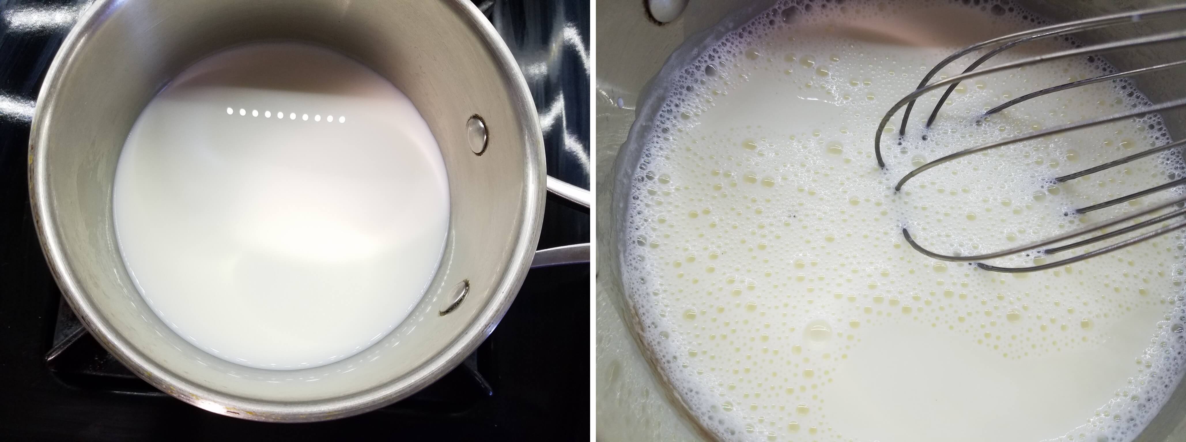 Heating whole milk and sugar in a saucepan to make Egyptian mahalabia