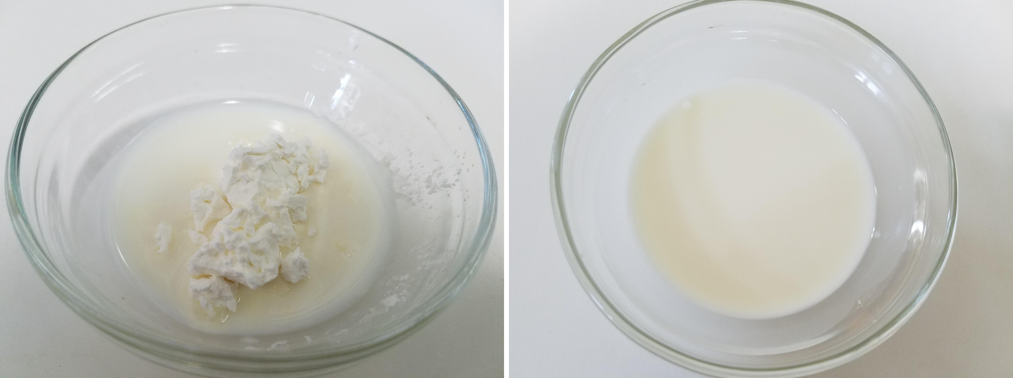Mixing cornstarch with cold milk to make a smooth slurry for Egyptian mahalabia
