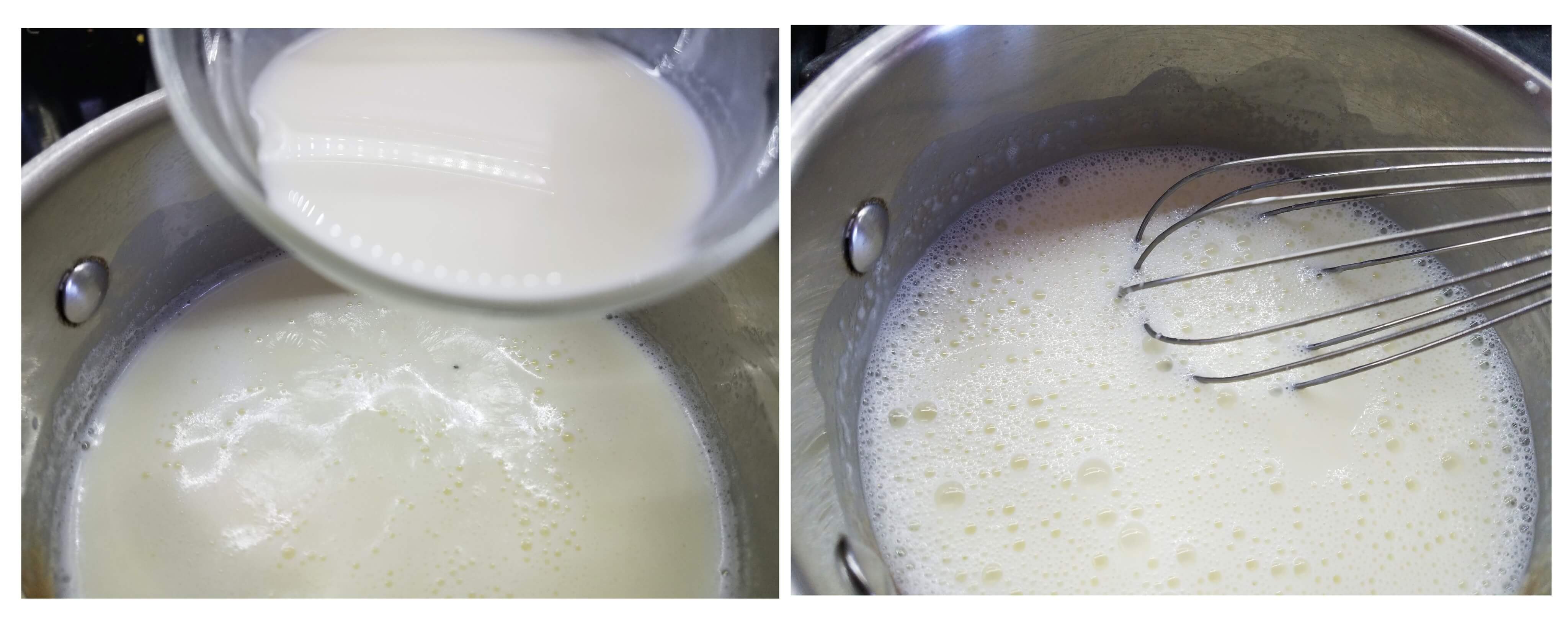 Whisking the cornstarch mixture into warm milk to thicken Egyptian mahalabia