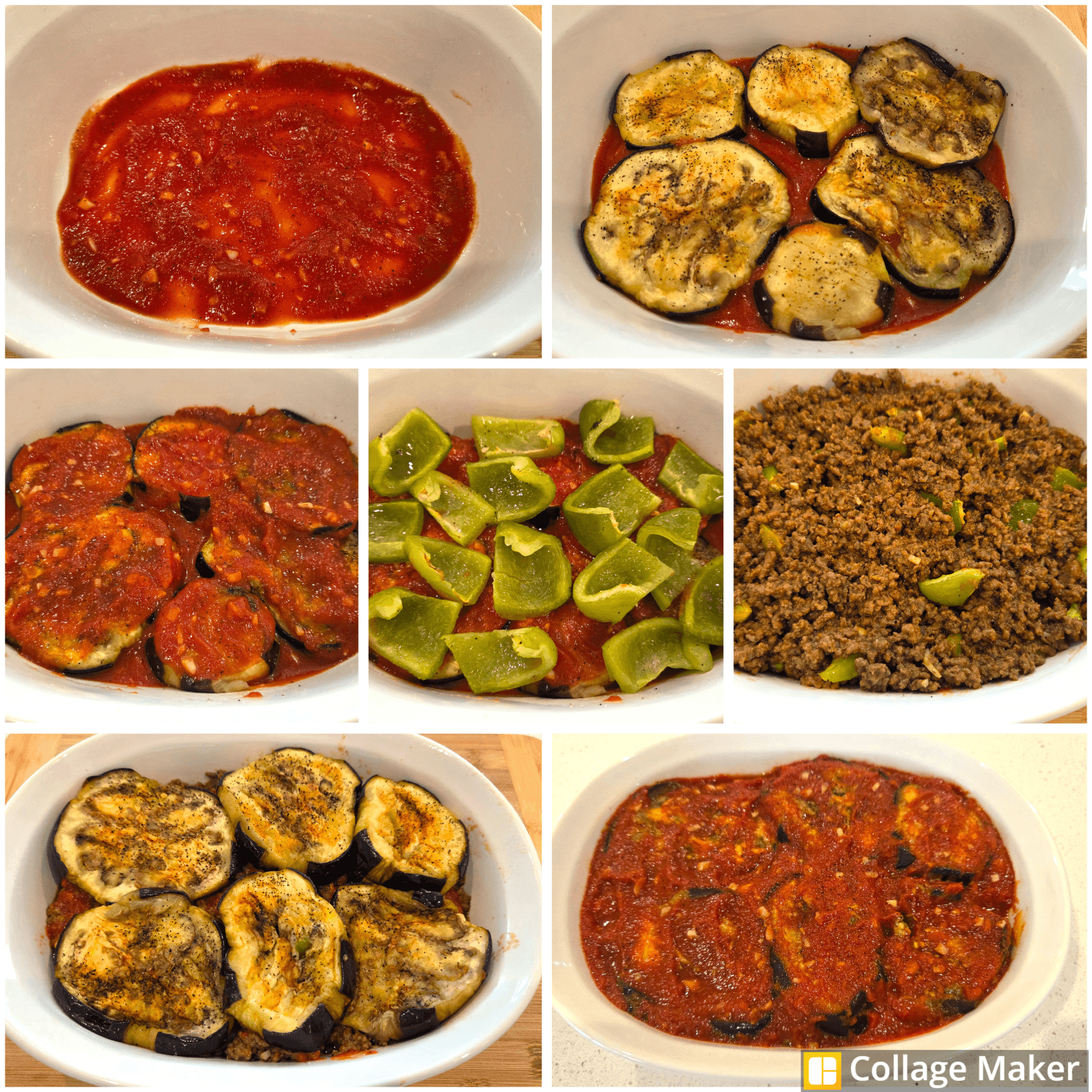 Layers of tomato sauce, roasted eggplant, green bell peppers, and seasoned ground beef in a baking dish.