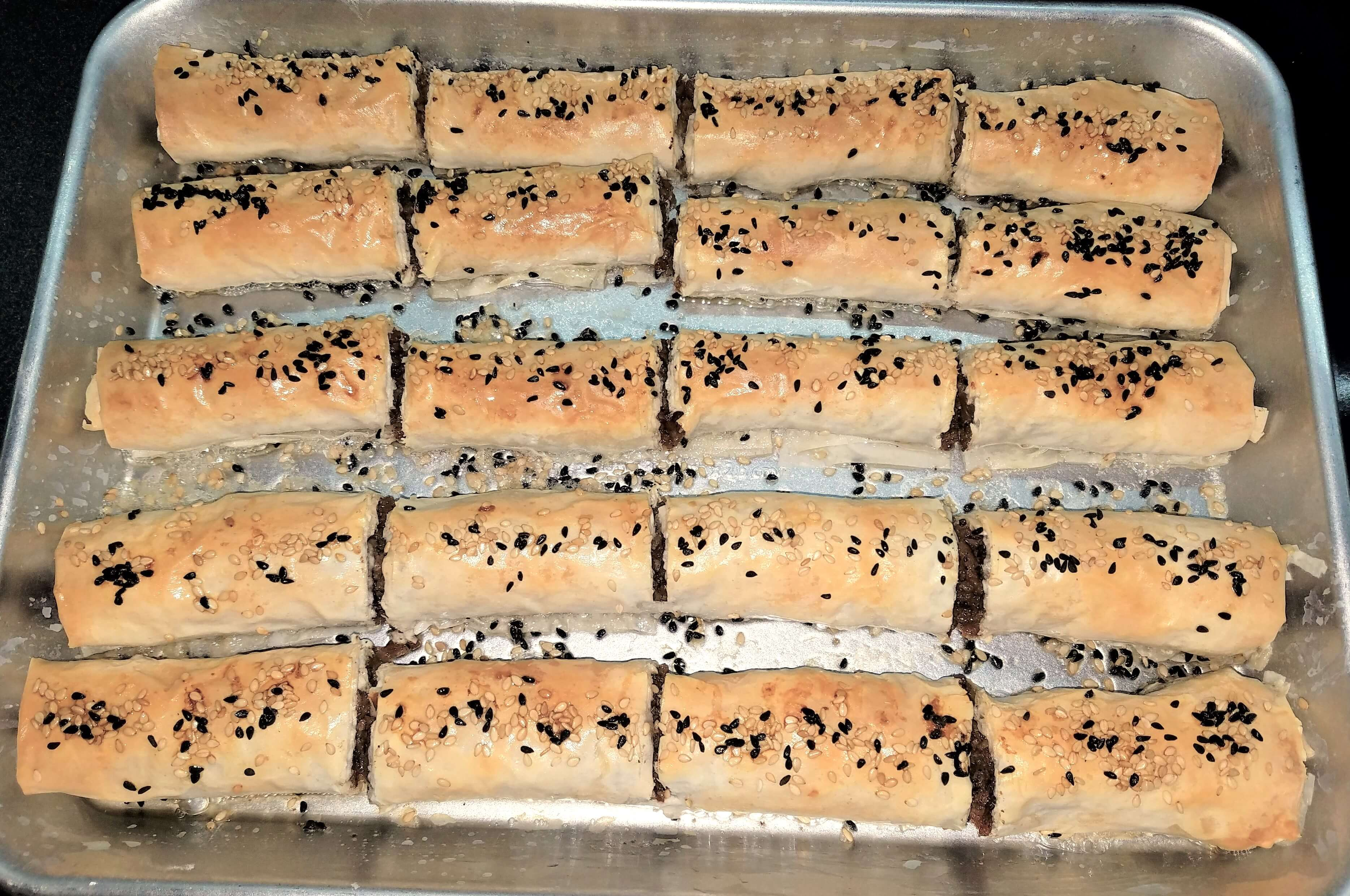 Golden crispy phyllo rolls with ground beef fresh from the oven