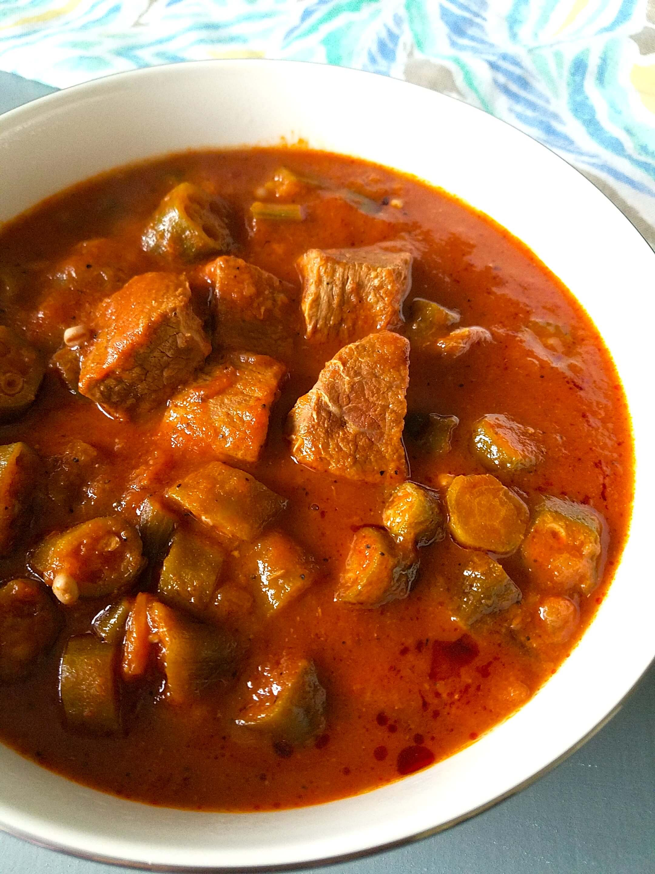 Bamya Bel Lahma recipe with tender beef and okra in tomato sauce