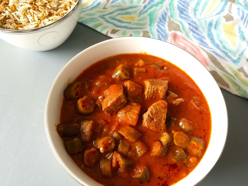 Egyptian okra with beef simmered in a rich tomato sauce