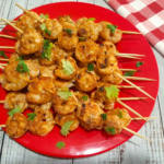 Grilled shrimp kabobs with garlic, lemon, and Mediterranean spices.