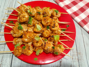 Grilled shrimp kabobs with garlic, lemon, and Mediterranean spices.