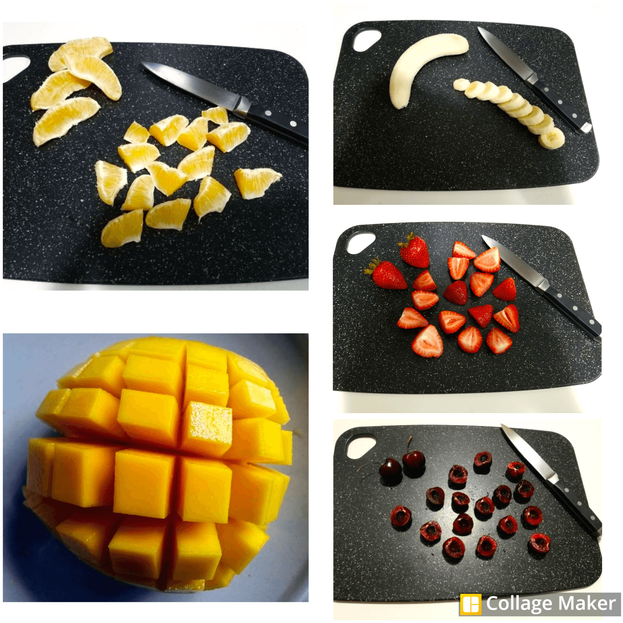 Fresh mango, strawberries, oranges, cherries, and banana prepared for Egyptian fruit salad.
