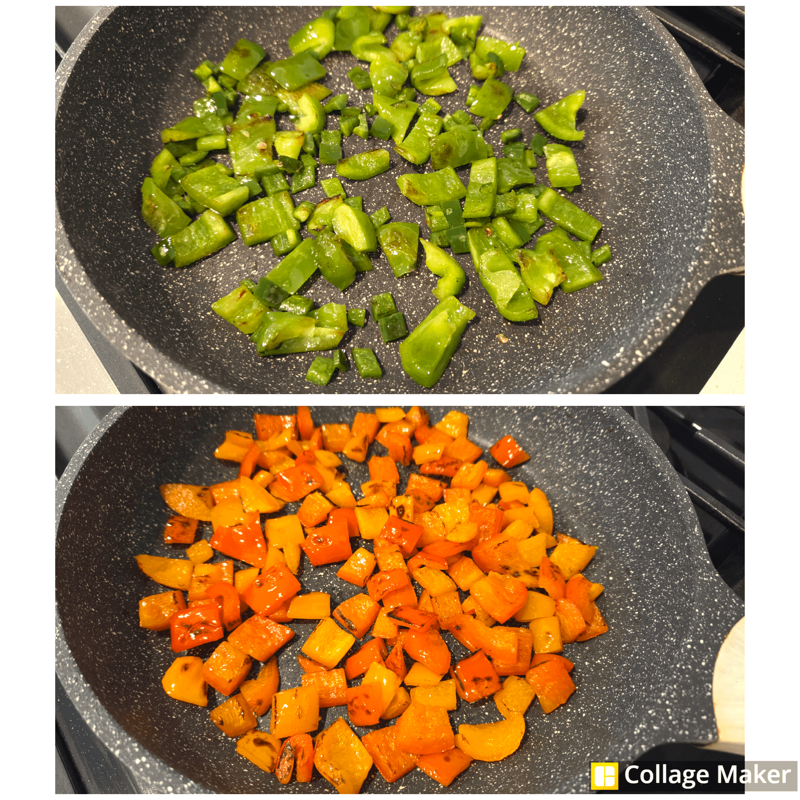 Red, orange, and green bell peppers with chopped jalapeño cooking in olive oil in a skillet.