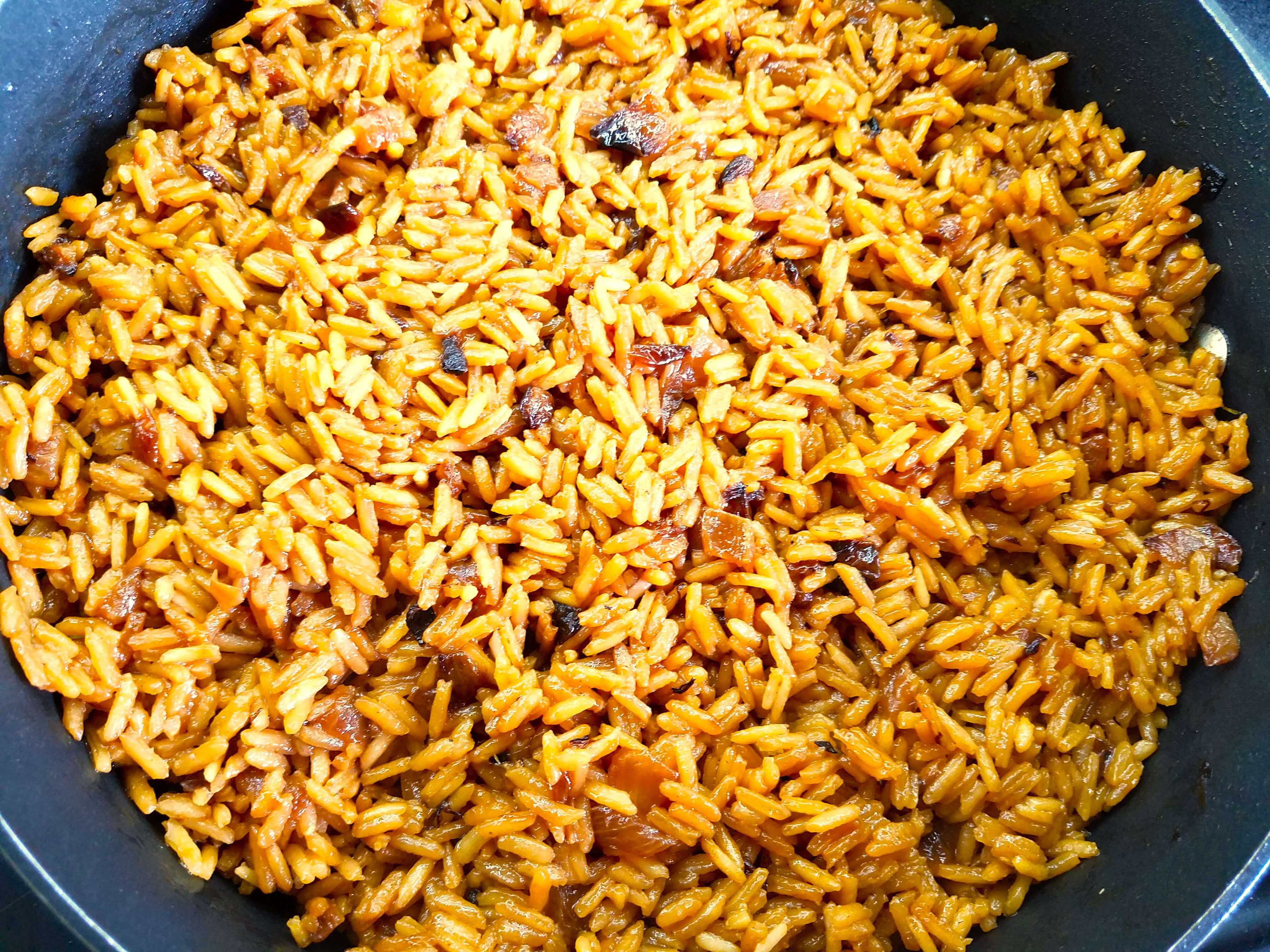 Fluffy Sayadieh rice with deeply browned onions ready to serve